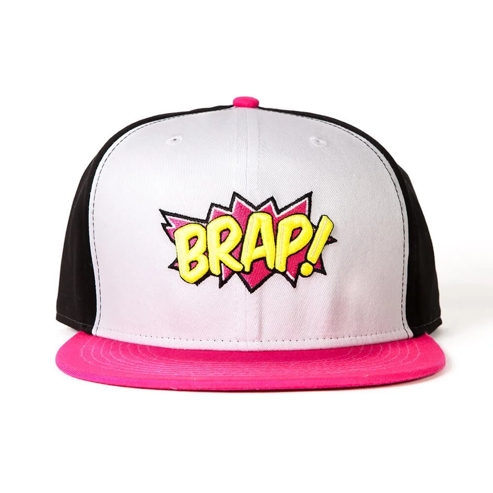 White and black snapback cap with a pink brim and a yellow comic burst patch on the front.