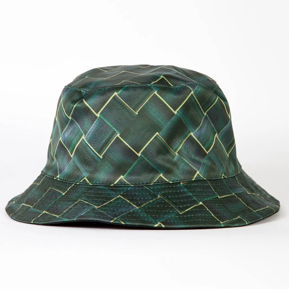 A bucket hat made from woven green ribbon in a basket pattern.