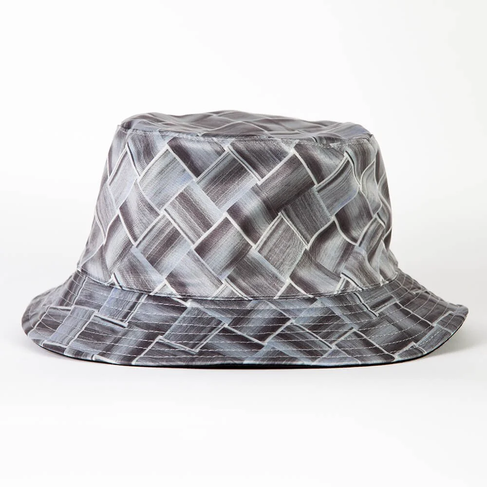A bucket hat printed with a grey and white basket weave.